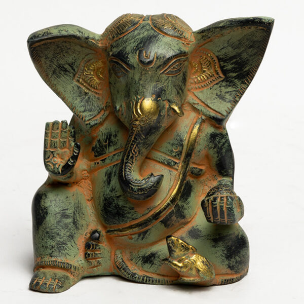 Brass Sitting Ganesha Idol – Antique Green Finish Small Ganesh Murti for Desktop & Pooja