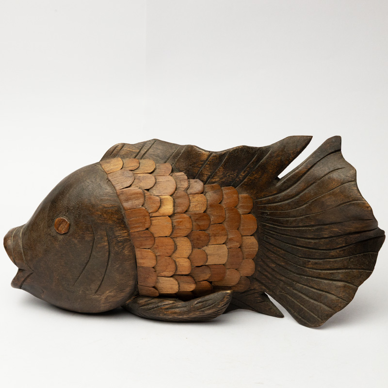 Wooden Fighting Fish Sculpture - Brown Handcrafted Koi Fish Wall Art for Home Décor - Image 3