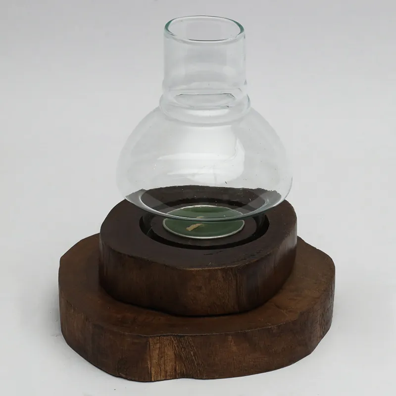 Wood & Glass Walnut Wood Candle Holder