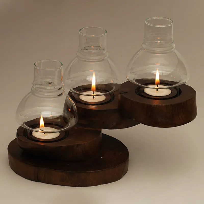 Wooden & Glass Walnut Candle Holder Three Step