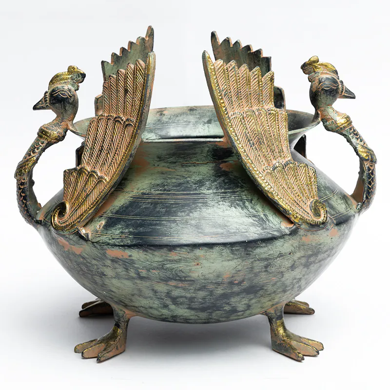 Brass Peacock Urli Bowl - Gold Green Decorative Floating Flower Pot for Home Décor