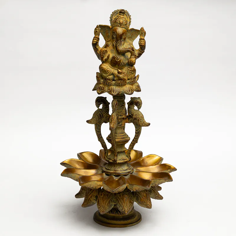 Brass Diya Ganesha Idol with Lamp – Gold Finish Large Ganesh Deepak Statue for Pooja Room