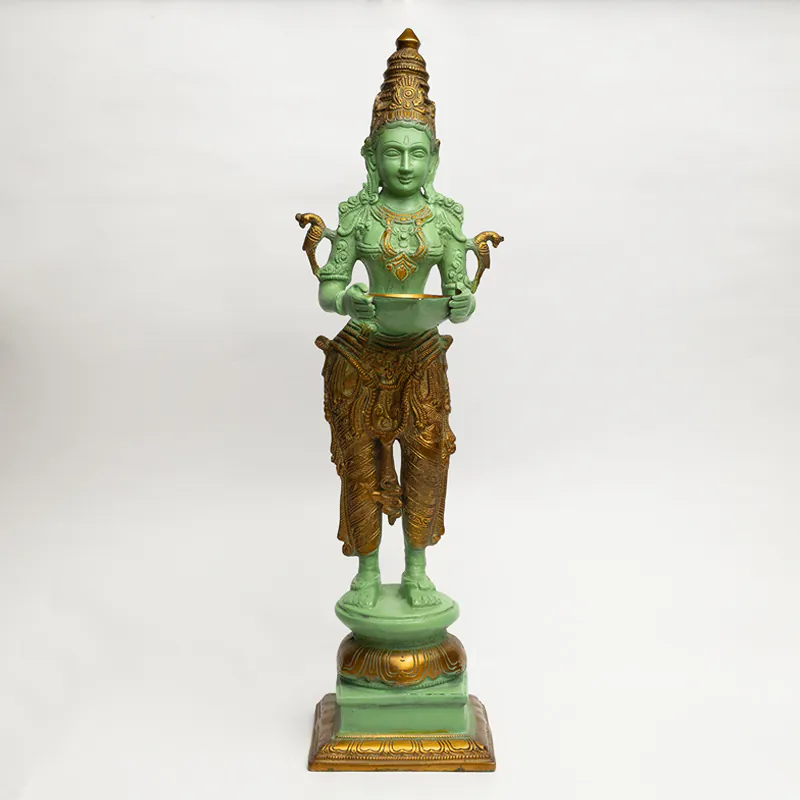 Brass Deep Lakshmi Idol - Green Antique Finish Tall Goddess Lakshmi Diya Statue for Home Temple