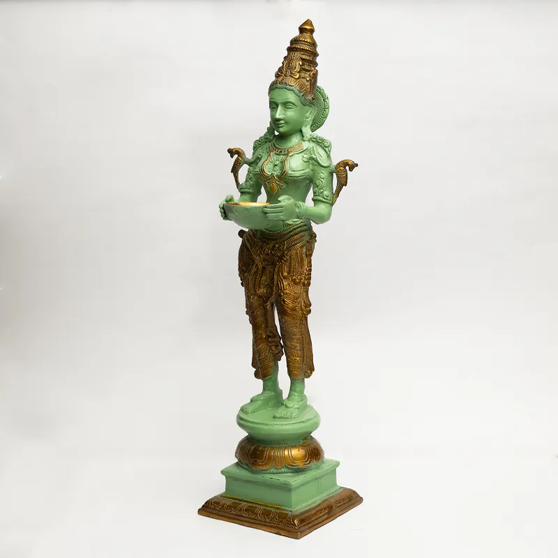 Brass Deep Lakshmi Idol - Green Antique Finish Tall Goddess Lakshmi Diya Statue for Home Temple - Image 2