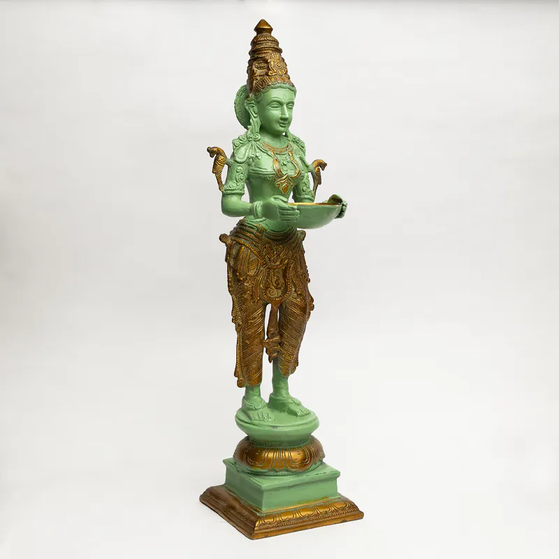 Brass Deep Lakshmi Idol - Green Antique Finish Tall Goddess Lakshmi Diya Statue for Home Temple - Image 3