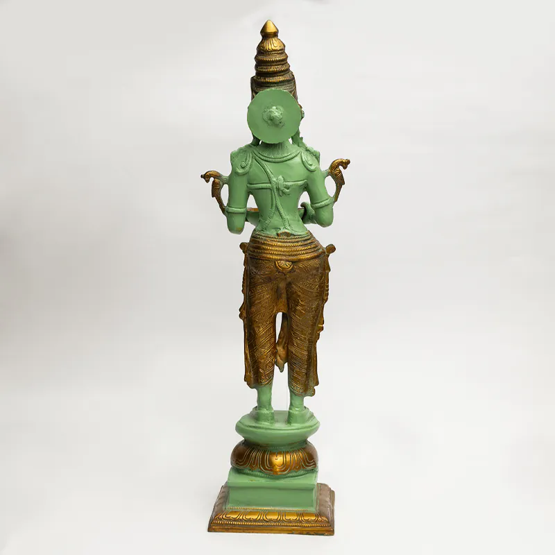 Brass Deep Lakshmi Idol - Green Antique Finish Tall Goddess Lakshmi Diya Statue for Home Temple - Image 4