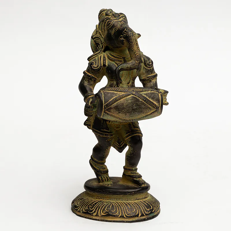 Brass Dholak Playing Ganesha Idol - Antique Green Finish Musical Ganesh Figurine for Gifting & Décor