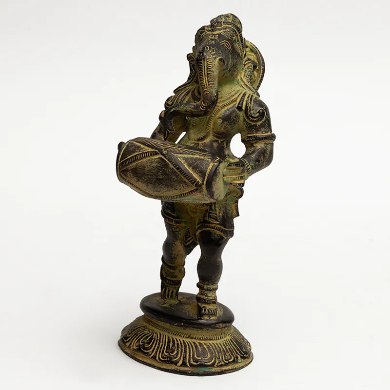 Brass Dholak Playing Ganesha Idol - Antique Green Finish Musical Ganesh Figurine for Gifting & Décor - Image 2