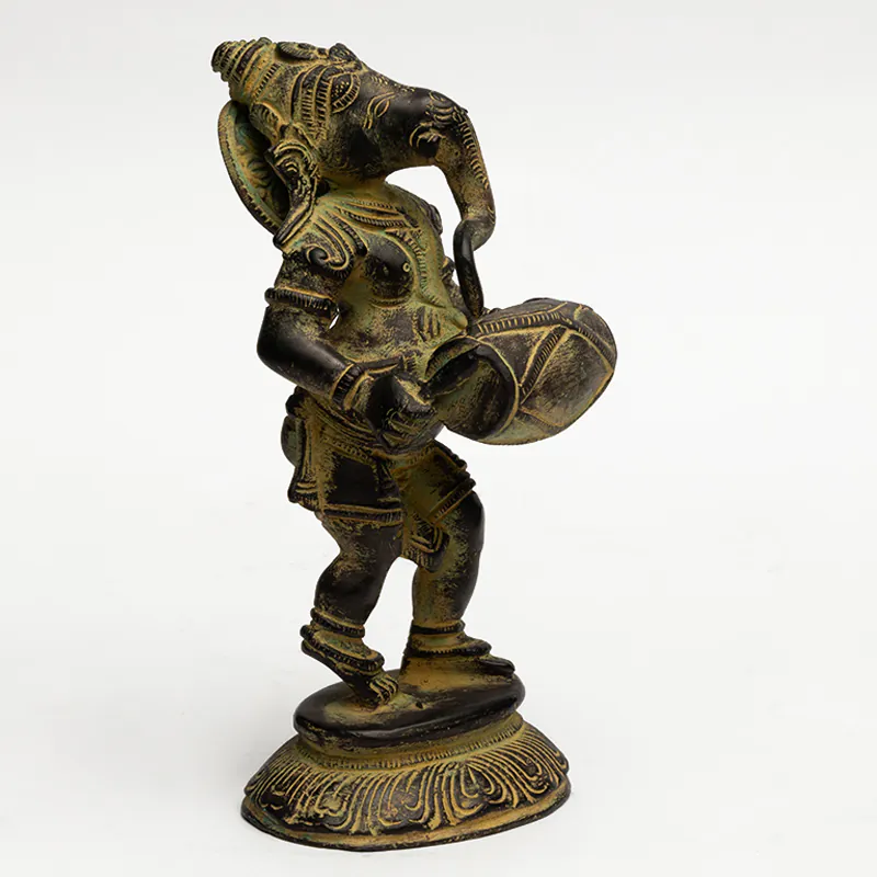 Brass Dholak Playing Ganesha Idol - Antique Green Finish Musical Ganesh Figurine for Gifting & Décor - Image 3