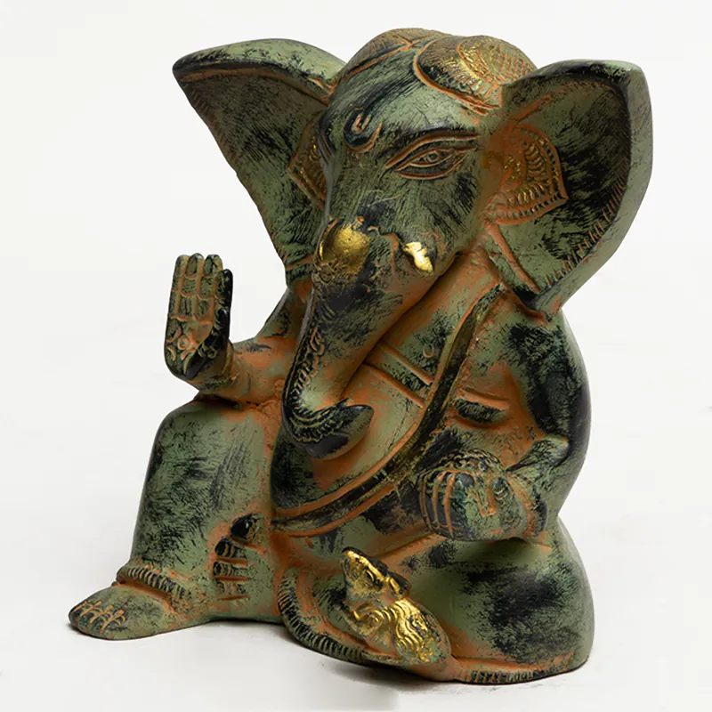 Brass Sitting Ganesha Idol – Antique Green Finish Small Ganesh Murti for Desktop & Pooja - Image 2