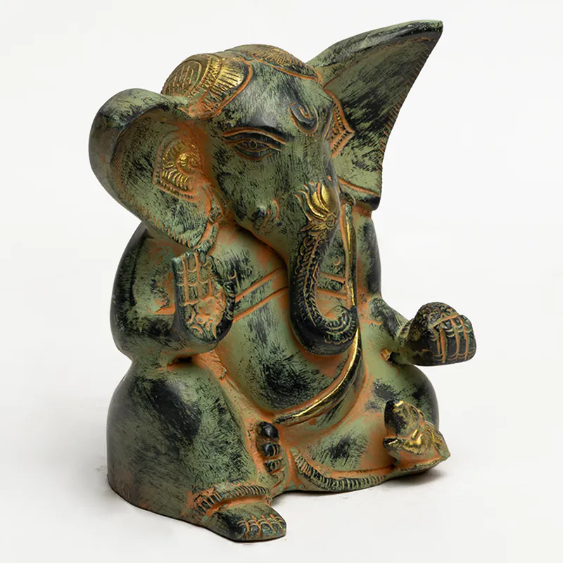 Brass Sitting Ganesha Idol – Antique Green Finish Small Ganesh Murti for Desktop & Pooja - Image 3
