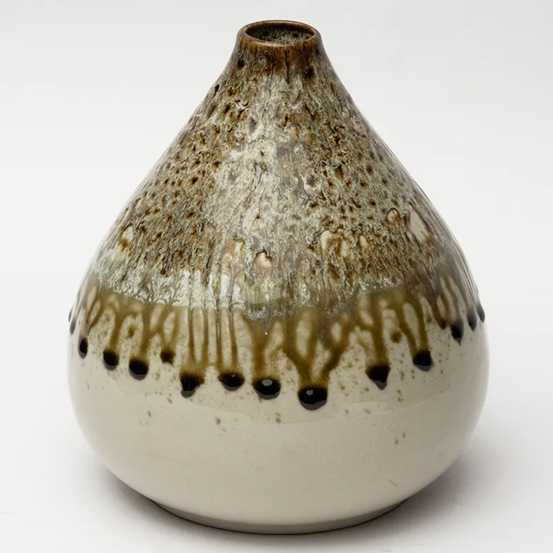 Ceramic Decorative Vase - Beige Brown Short Handcrafted Flower Vase for Desk & Console Table