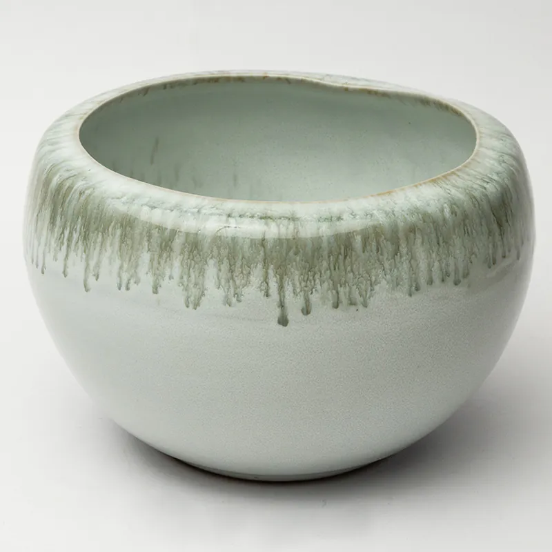 Ceramic Decorative Vase - Beige Wide Low Handcrafted Flower Vase for Dining Table & Console