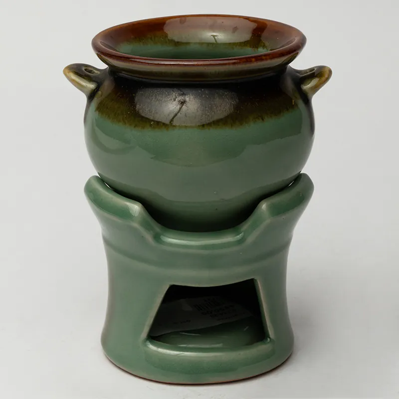 Ceramic Aroma Oil Burner – Brown Green Handcrafted Fragrance Diffuser for Home Wellness Décor