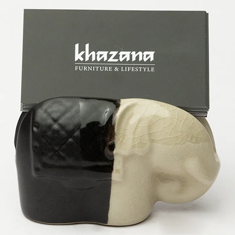 Ceramic Elephant Card Holder - Beige Brown Handcrafted Desk Organiser for Home & Office