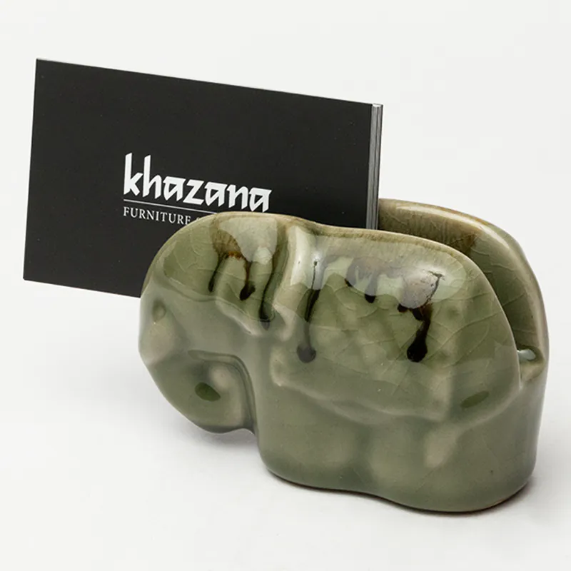 Ceramic Elephant Card Holder - Green Handcrafted Business Card Stand for Desk Décor - Image 2