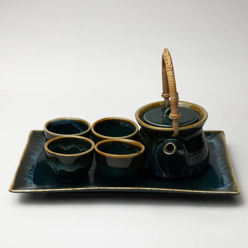 Ceramic Tea Pot Set - Olive Green Handcrafted Artisan Teapot with Cups for Home & Gifting