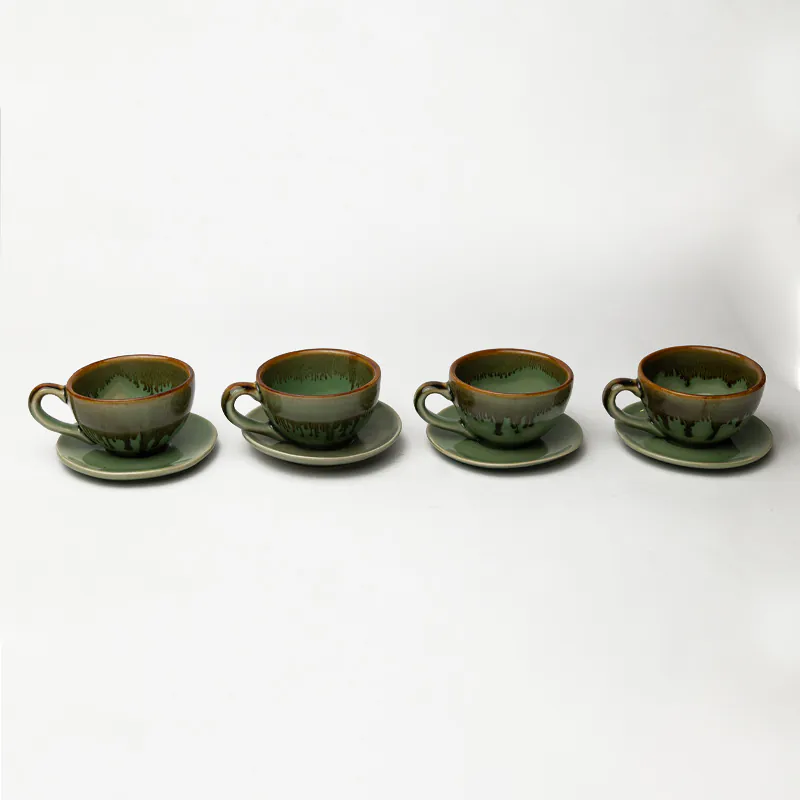 Ceramic Coffee Set - Brown Green Handcrafted Artisan Cup & Saucer Set for Home Gifting