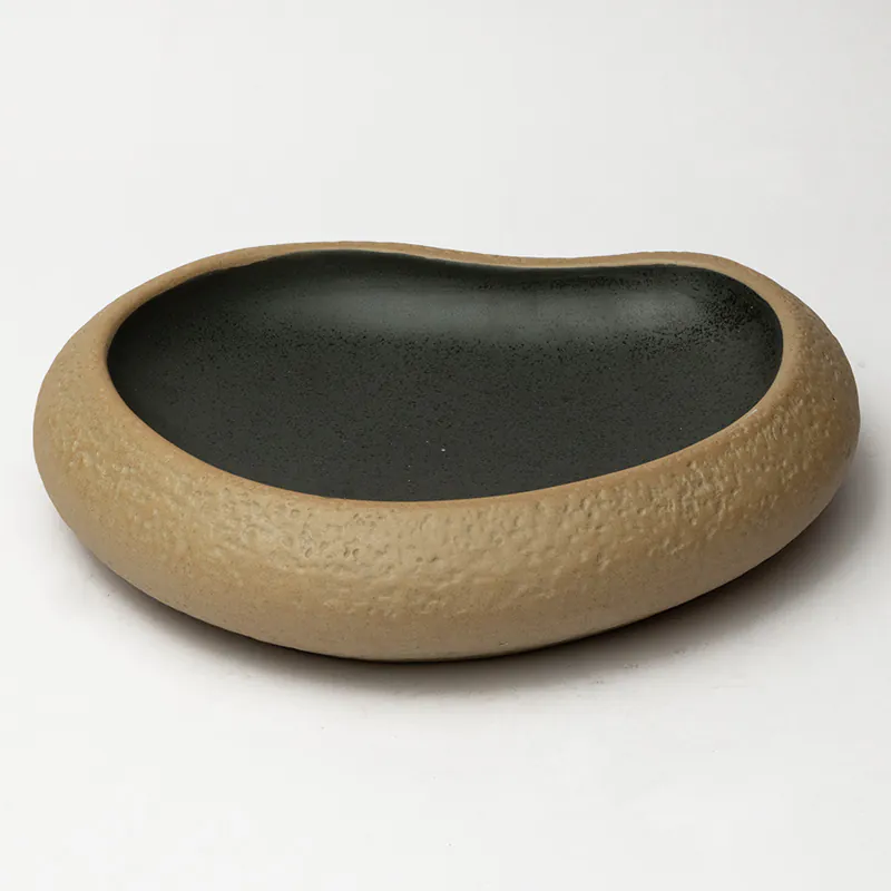Ceramic Decorative Plate - Beige Brown Handcrafted Oval Display Plate for Neutral Interiors