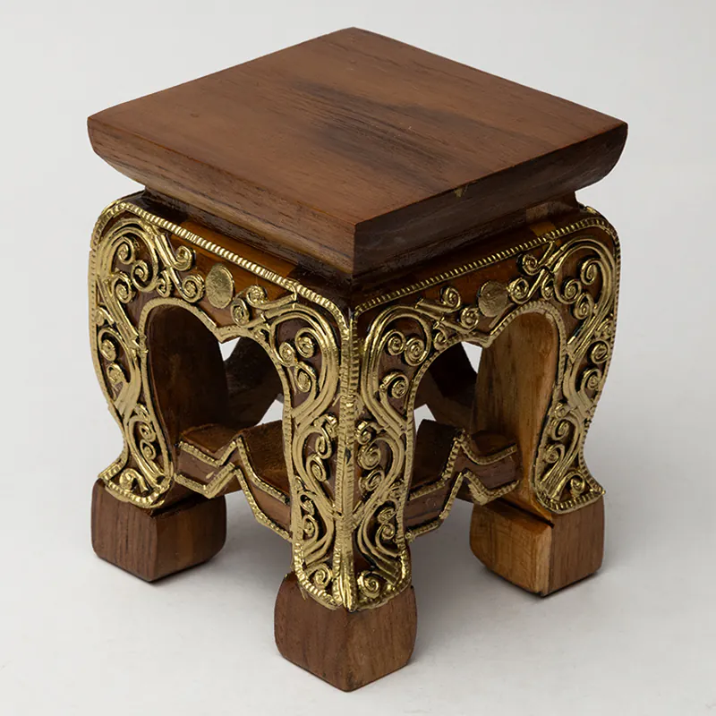 Walnut Gold Wooden Side Table - Compact Handcrafted Accent Stool Table for Bedroom Décor