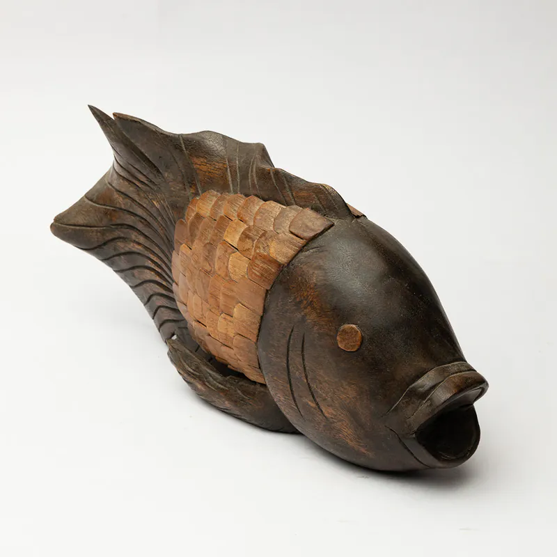 Wooden Fighting Fish Sculpture - Brown Handcrafted Koi Fish Wall Art for Home Décor
